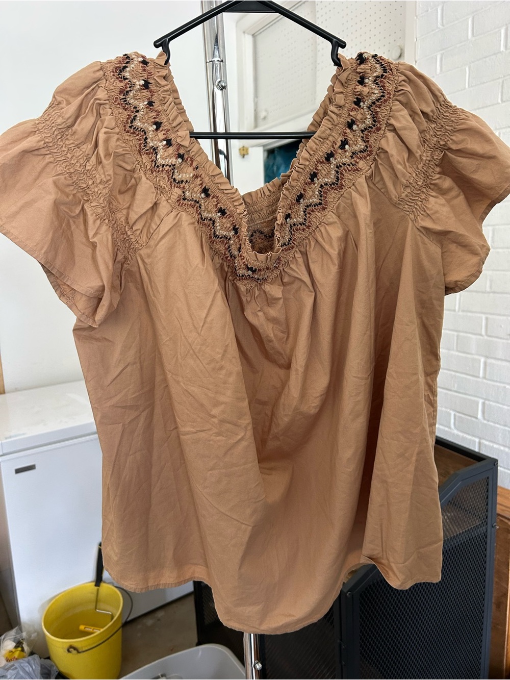 Old Navy Womenโs Tan Off-the-shoulder Blouse with Embroidered Neckline